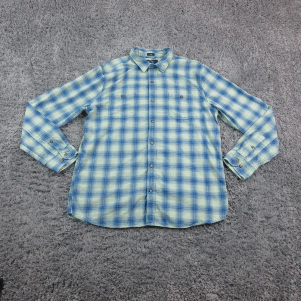 Even Tide Shirt Mens XL Tall Blue Green Plaid Slim Fit Button Down Casual
